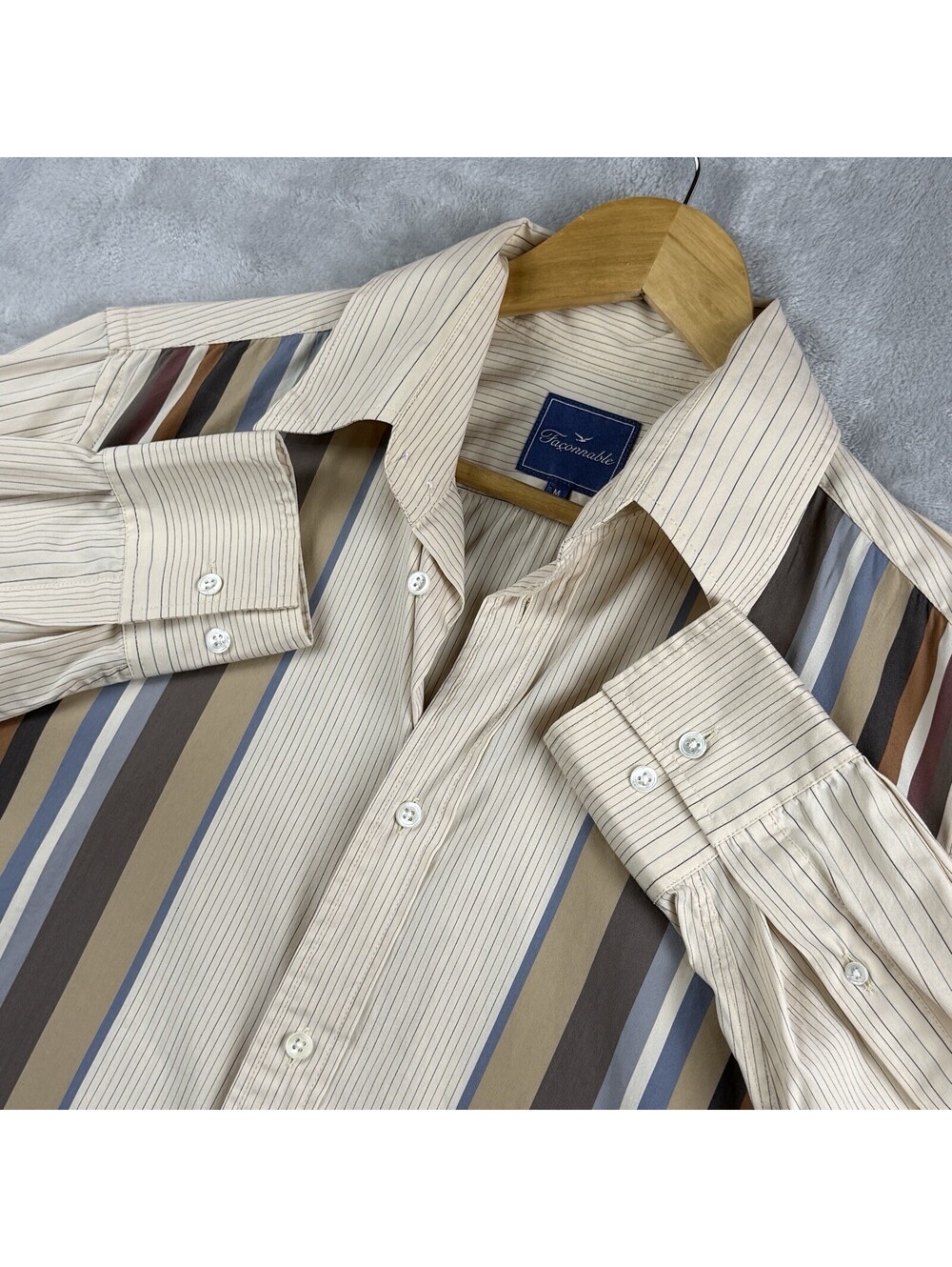 Faconnable Shirt Men M Beige Vertical Stripe Long Sleeve Button Up Causal Preppy - Picture 2 of 11